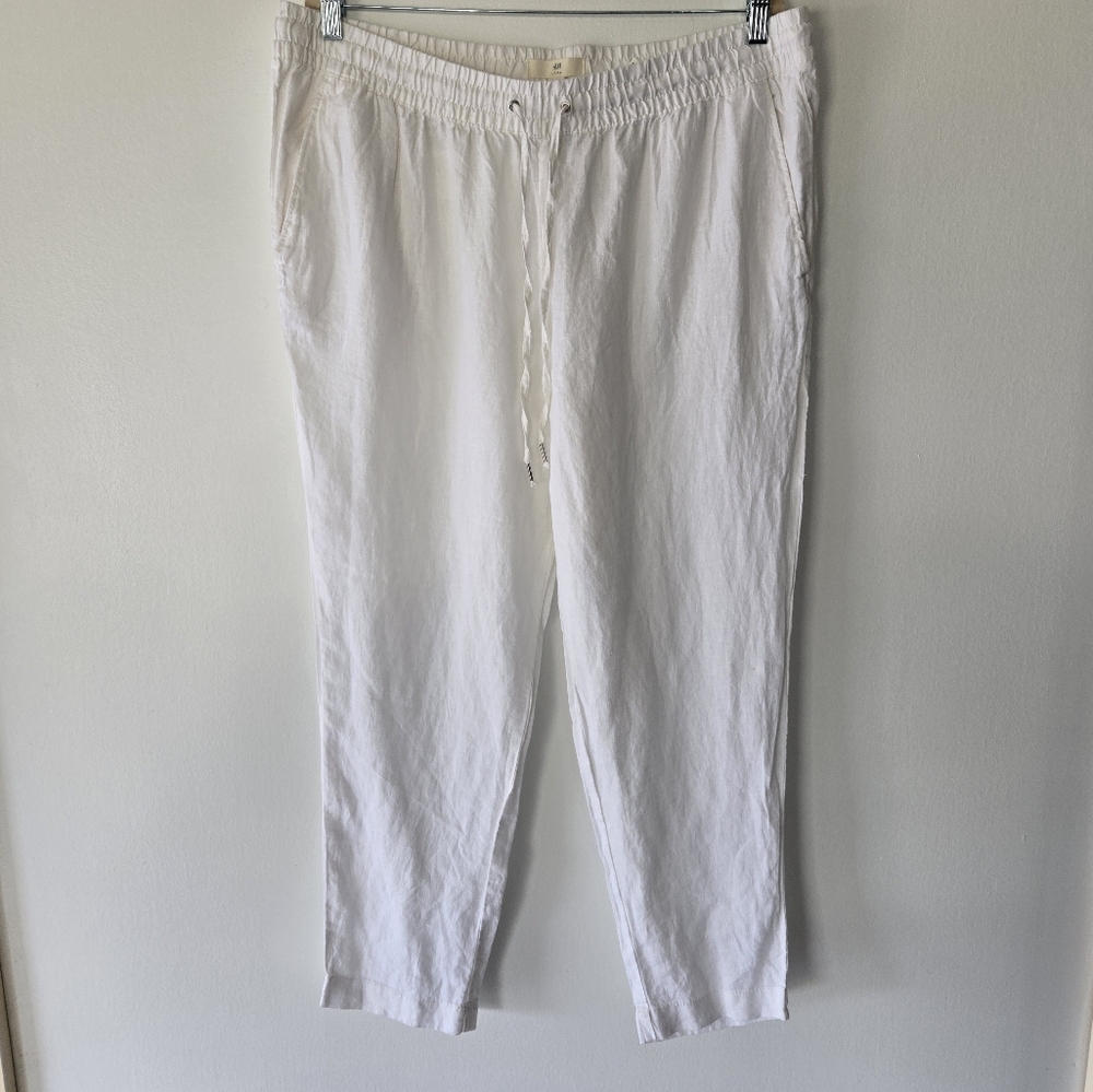 H&M 100% Linen White Drawstring Pull On Pants Womens Plus Size 16